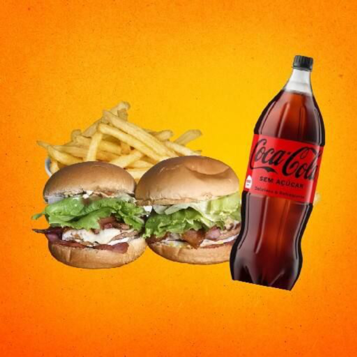 Dois x-tudo (pão de hambúrguer, hambúrguer, ketchup, mostarda, maionese, batata palha, queijo, cheddar, Catupiry, alface, tomate, calabresa, bacon, ovo), porção de batata(com cheddar, Catupiry e ketchup) e um refrigerante 1l ou 1,5l.