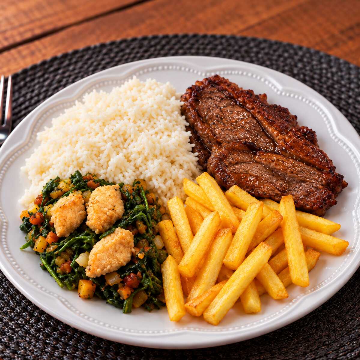 Maminha acompanhada de arroz branco, feijão tropeiro, batata frita e salada do dia. Uma refeição completa, saborosa e bem servida.