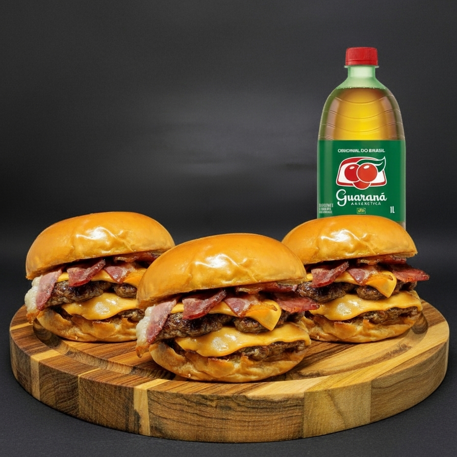 Delicie-se com nosso popular '3 Lanches Duplo Smash Bacon', parte de nossas promoções imperdíveis entre os mais vendidos. Cada lanche é habilmente preparado com um pão Brioche macio e dourado, abrigando duas generosas porções de carne smash de 100 gramas, cozidas à perfeição. Acrescentamos duas fatias de queijo Cheddar Polenghi, conhecido por seu sabor único e irresistível. A experiência culmina com suculentos cubos de bacon crocantes e um toque final de nosso molho secreto. Para completar, aproveite 1l de Guaraná Antárctica grátis! Uma combinação verdadeiramente deliciosa e satisfatória.