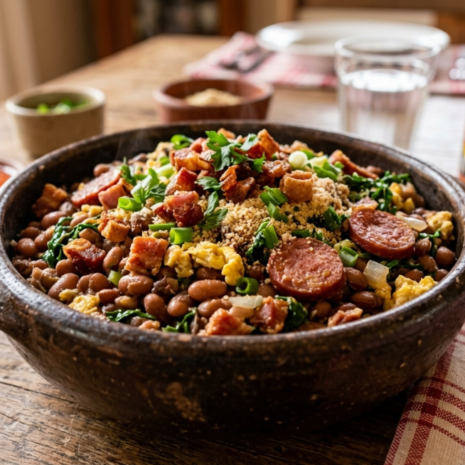 Feijão,farinha, linguiça calabresa,torresmo,bacon,couve.