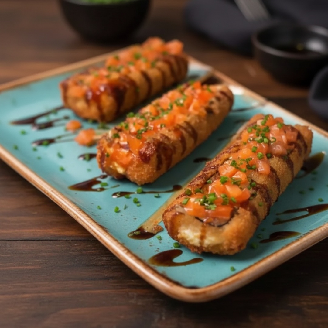 Apresentamos o nosso 'Hotdog Sushi', um exótico destaque da categoria 'Hott Holl'. Este prato inusitado combina a essência da culinária japonesa com um toque ocidental. O arroz japonês primorosamente preparado é habilmente enrolado em uma alga marinha crocante, posteriormente empanado e frito até a perfeição. No coração deste sushi, encontramos duas generosas tiras de salmão, também empanadas e fritas cuidadosamente para garantir uma textura deliciosamente crocante. A suavidade do cream cheese e o frescor da cebolinha complementam o recheio, proporcionando uma experiência culinária equilibrada e surpreendente.