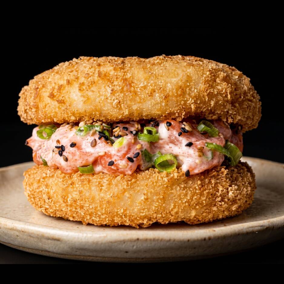 Corte de salmão empanado, recheado com salmão em cubo, cream cheese e cebolinha.