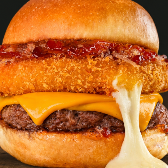 Pão brioche, hambúrguer angus 160g, queijo cheddar, catupiry empanado, bacon e geleia de pimenta.