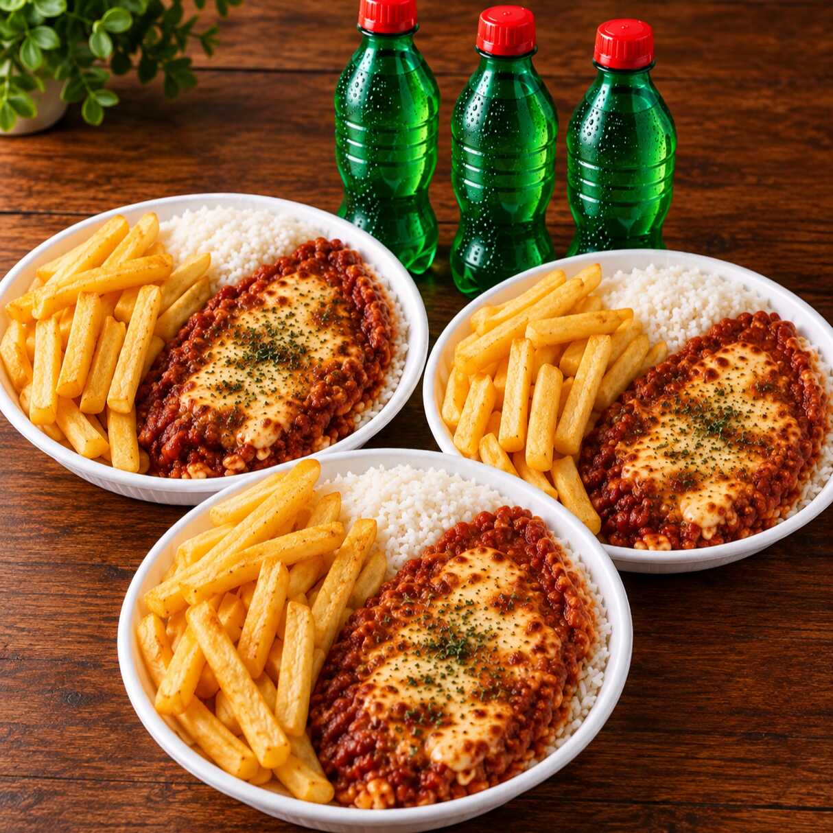 Marmita com delicioso Filé de frango parmegiana (empanado na massa crocante coberto com molho de tomate, queijo mussarela, arroz branco e batata frita) + 3 coca cola pet 200ML GRATIS. Marmita indicada para 3 pessoas.