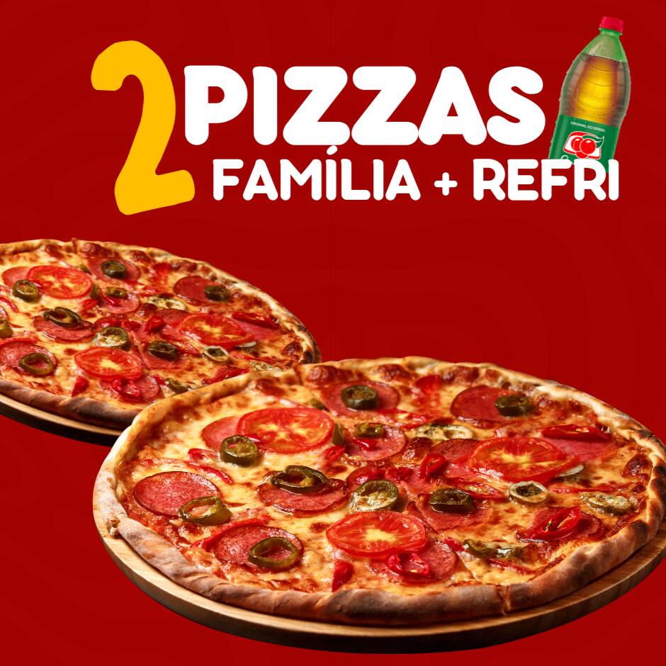 2 Pizzas familia ( 35cm ) com bebida grátis de 1,5l escolha até 2 sabores por pizza.  serve de 4 a 5 pessoas
