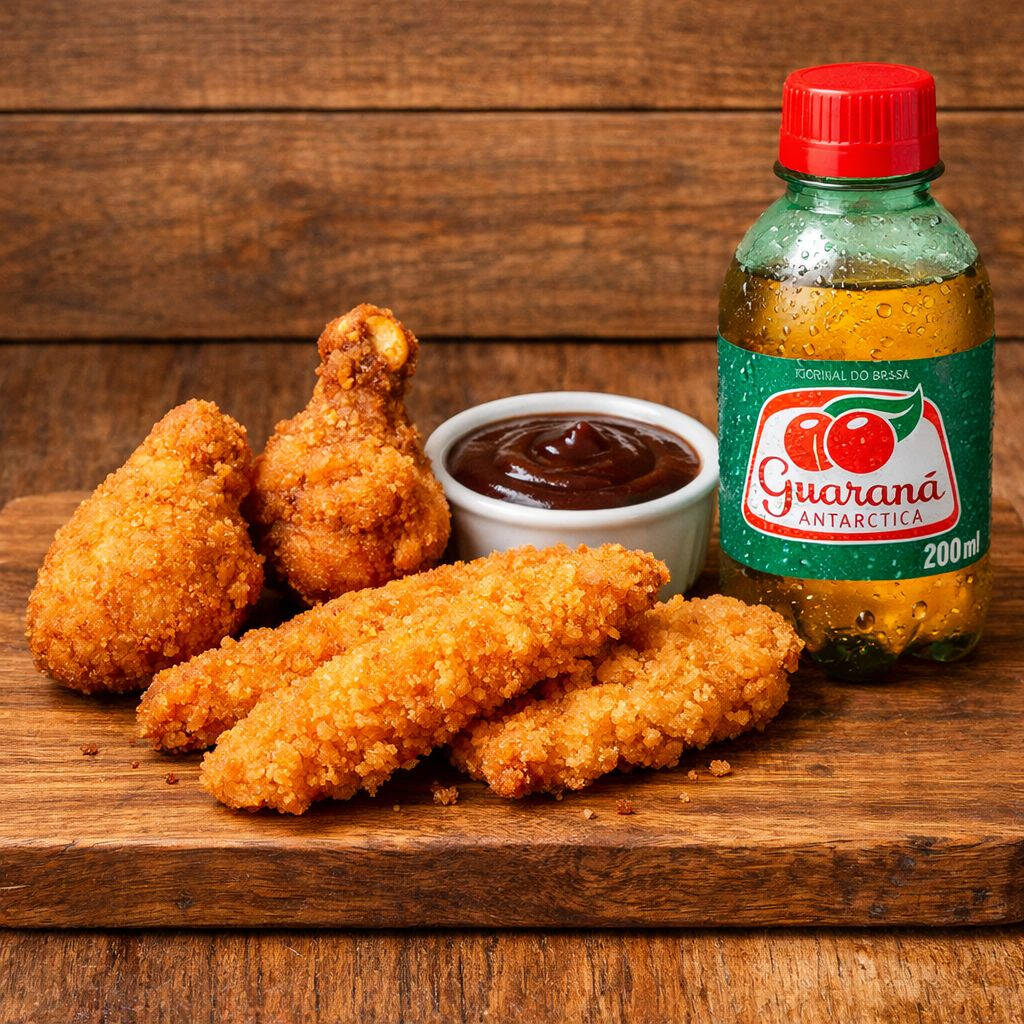 Neste combo exclusivo você leva 1 Coxa da Asa, 1 Tulipa e 2 Tiras de Filé, Acompanhados por um Guaraná Antárctica 200ml (Caçulinha)