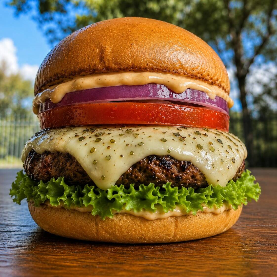 Delicioso x salada com molho tasty, Pão brioche, maionese, alface, Carne com queijo salpicado de orégano, tomate, cebola roxa e finalizado com delicioso molho tasty