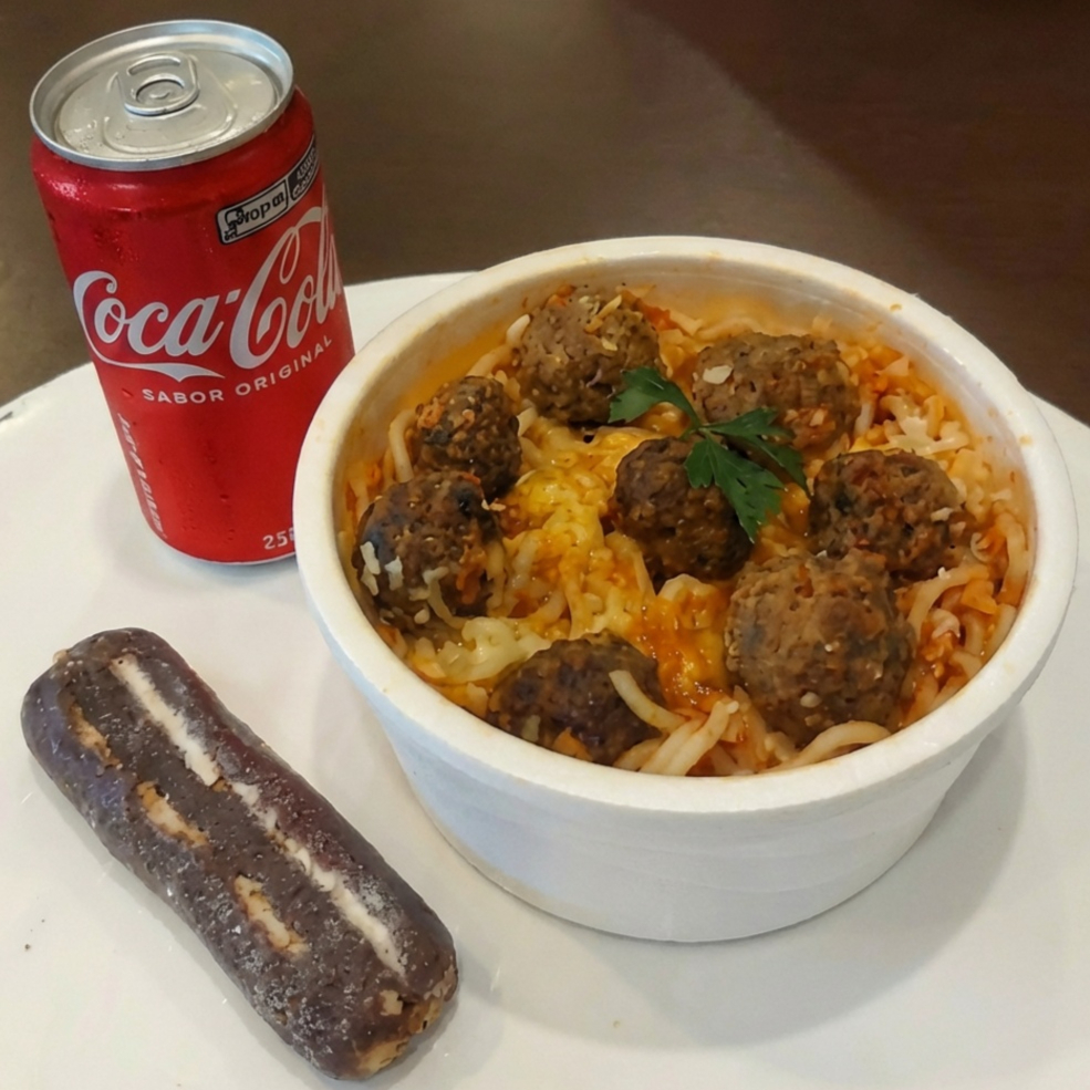 Marmitex na Cumbuca, a porção ideal para o Almoço ou Jantar Leve.
Espaguete ao sugo e almondegas
Acompanha uma Bebida de 200ml e uma sobremesa: Palha Italiana. (Cortesia)
Os pratos são fixos e não substituímos itens.