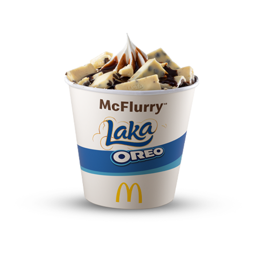 Sobremesa composta por bebida láctea sabor baunilha, cobertura sabor chocolate, caramelo ou morango e chocolate Laka Oreo.