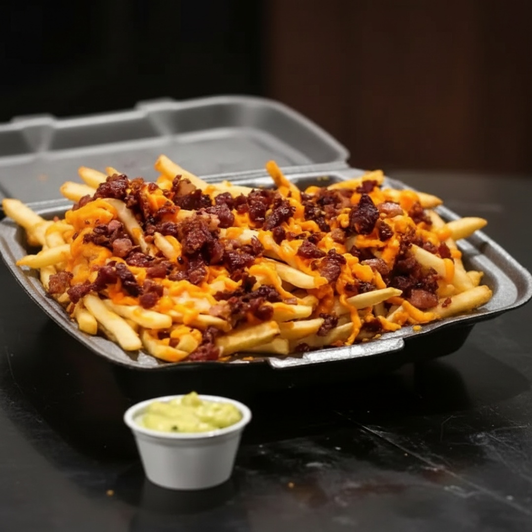 400g de batata frita, queijo cheddar e suculentos pedaços de bacon. Total de aproximadamente 450g