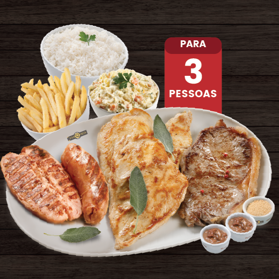 Para 3 Pessoas: 1 Linguiça, 1 Frango, 1 Contra Filé. Arroz, Feijão, Fritas, Salada De Maionese e Farofa