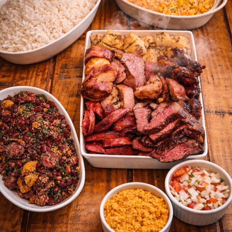 300g de churrasco, Maionese com bacon, Arroz, Batata (P), Molho vinagrete e farofa da casa.