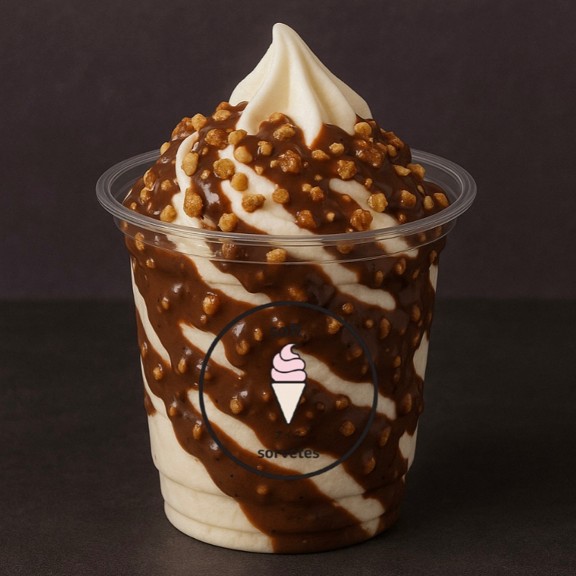 Uma explosão de texturas e sabores para quem ama crocância com sofisticação. O Nocciola Crunchy une o sorvete de baunilha soft com uma calda cremosa de chocolate, enriquecida com pedaços crocantes de wafer e avelãs. Acompanha Amendoins Crocantes e um Canudo Biju. imagem meramente ilustrativa.