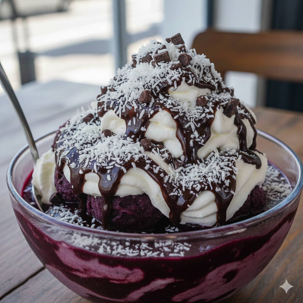 Creme de Açaí, creme de chocolate artesanal, leite em pó e leite condensado. Os copos ja vão montados