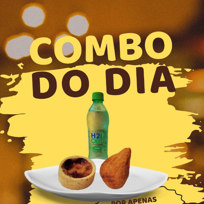 1 H2o Limão ou Limoneto + 1 tortinha de leite condensado + 1 coxinha de frango ou frango c/ requeijão.