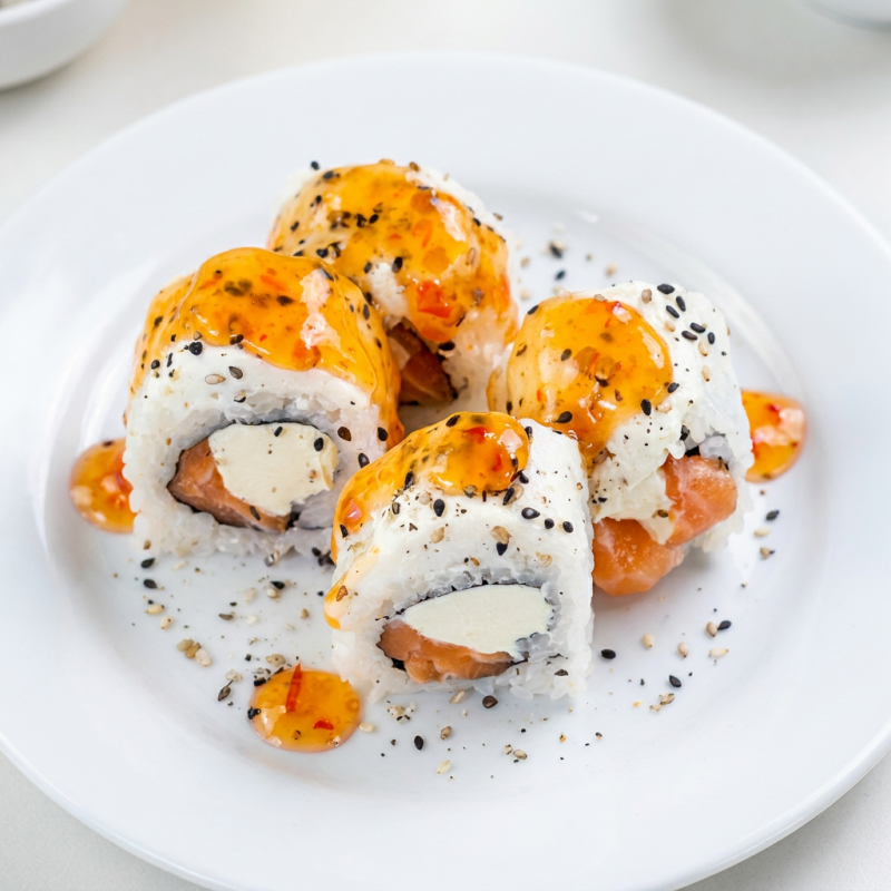 Deliciosos Uramakis de salmão e cream cheese, cobertos com cream cheese e uma irresistível geleia de pimenta, uma explosão de sabores na sua boca!!! Sensacional.
