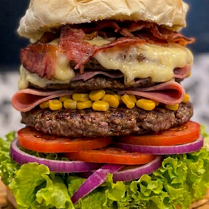 Hambúrguer, mussarela, presunto, ovo , bacon , calabresa, milho , alface, tomate, cebola roxa, maionese e ketchup