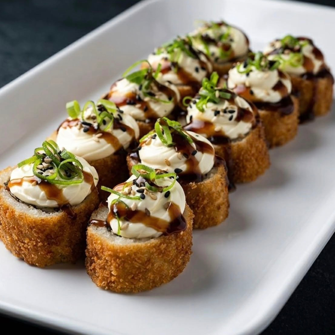 ( 15PÇS ) Rolo de sushi frito recheado com kani e skin, finalizado com cream cheese philadelfia, cebolinha e Teriaki por cima.