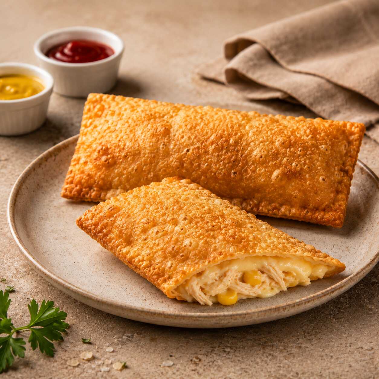 Frango desfiado com requeijão cremoso, bem recheado e frito na hora. Uma ótima opção para quem gosta de pastel tradicional e saboroso.