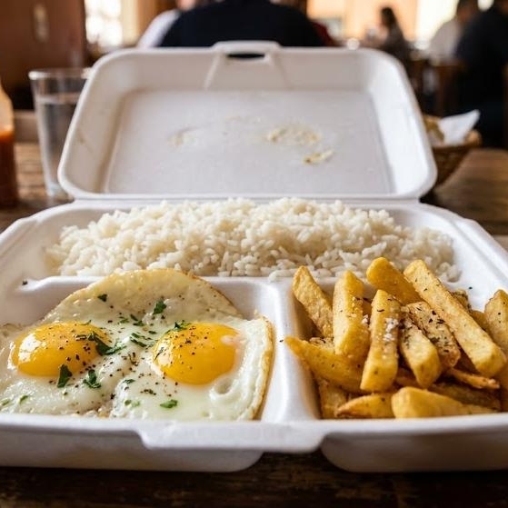 arroz, feijão, batata frita, macarrão, salada 2 ovos fritos