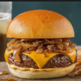 Pao especial ,molho house , Carne , Queijo cheddar , cebola roxa caramelizada.