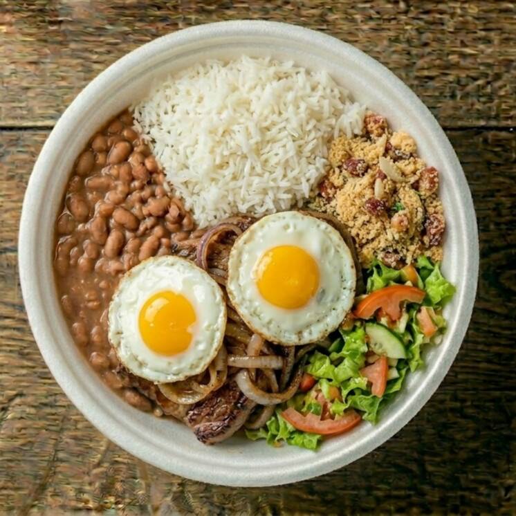 Arroz, feijão, farofa, salada, bife a cavalo