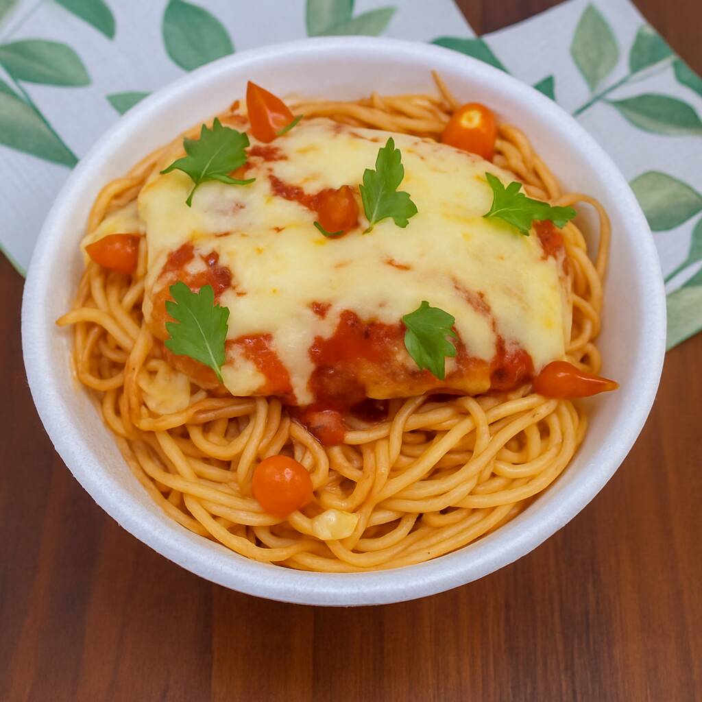 Marmita redonda serve uma pessoa acompanhar ESPAGUETE parmegiana de frango a milanesa