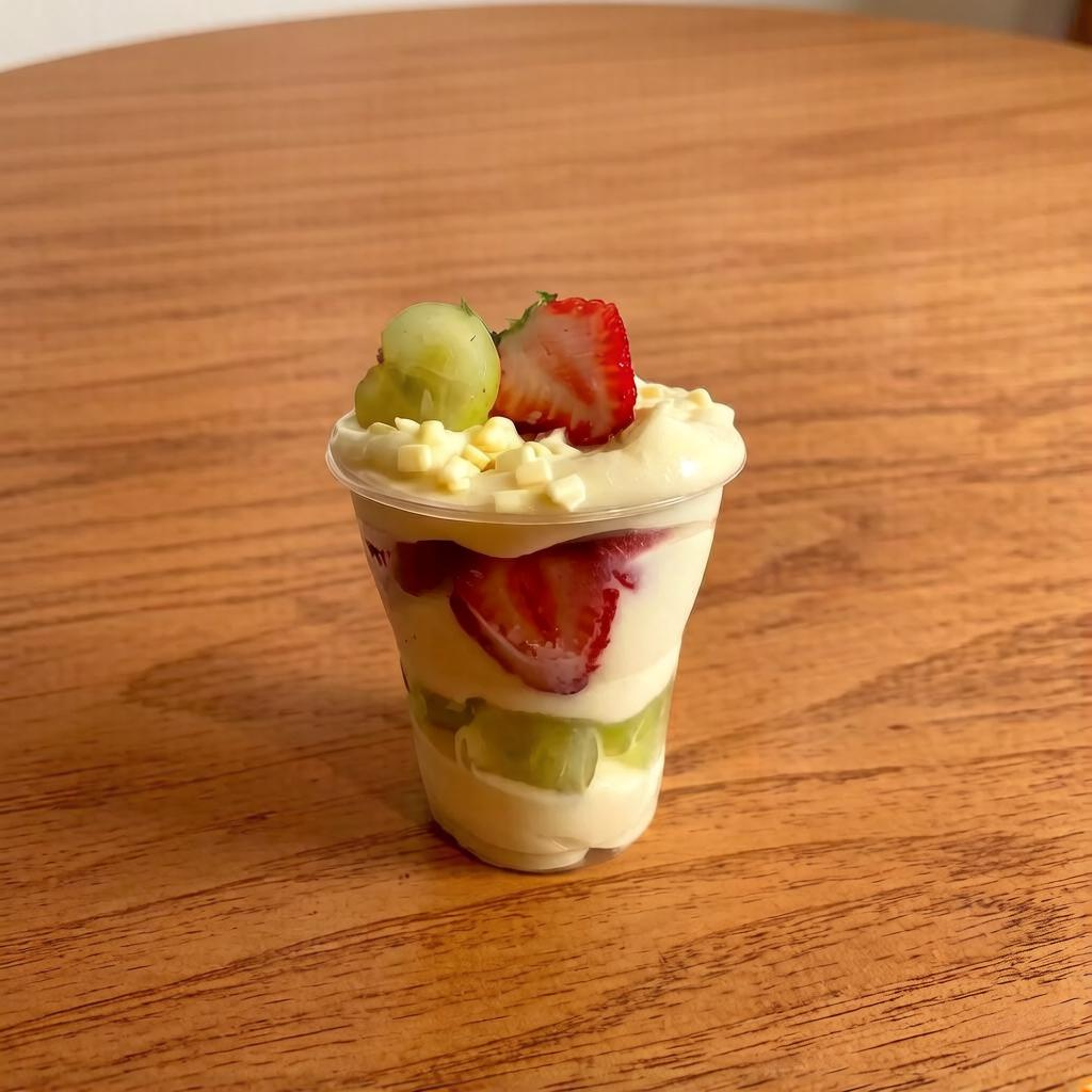 Copo verão de 250ml Feito com Deliciosa camadas de Creme de Ninho com uvas verdes e morangos frescos. Finalizado com mais creme de ninho, granulado de chocolate branco gourmet, metade de morango e uva verde