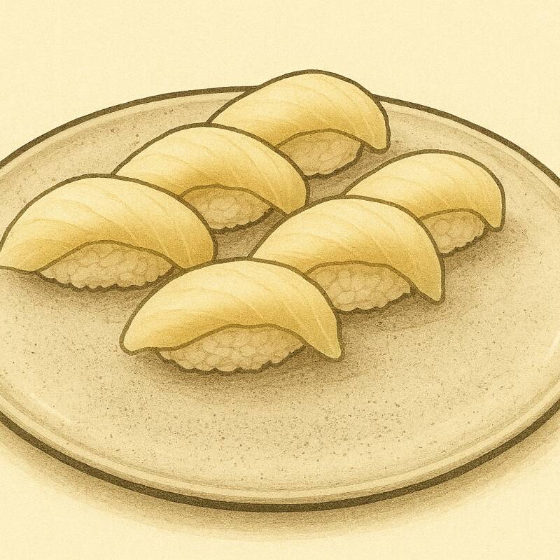 Arroz moldado coberto com fatia de peixe branco suave (prego).