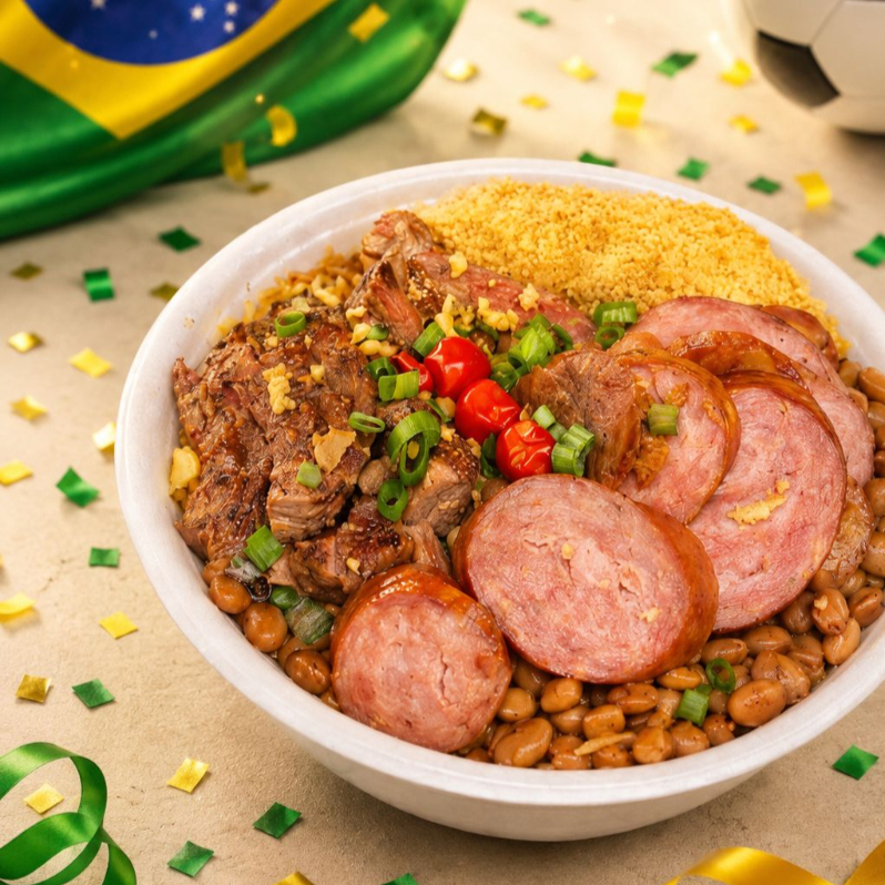 Marmitex de Churrasco de Fraldinha e toscana no ponto certo, acompanhada de arroz branco, feijão de caldo e farofa caseira feita na casa. finalizado com alho frito, cebolinha e pimenta biquinho. ( indicado p/ 1 pessoa )