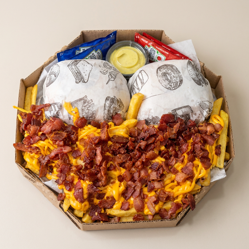 2 Burguer's no Pão de Brioche com Blend Bovino (120g) , Ketchup, Maionese, Cheddar e Bacon. Acompanha Batata Frita com Cheddar Bacon