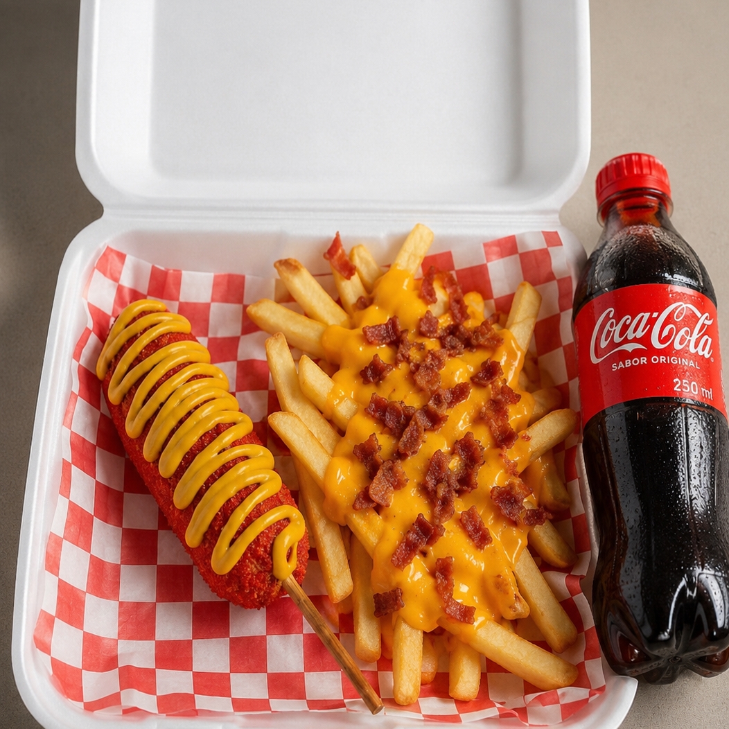 Talla XL queso,papas tocineta y coca 250ml