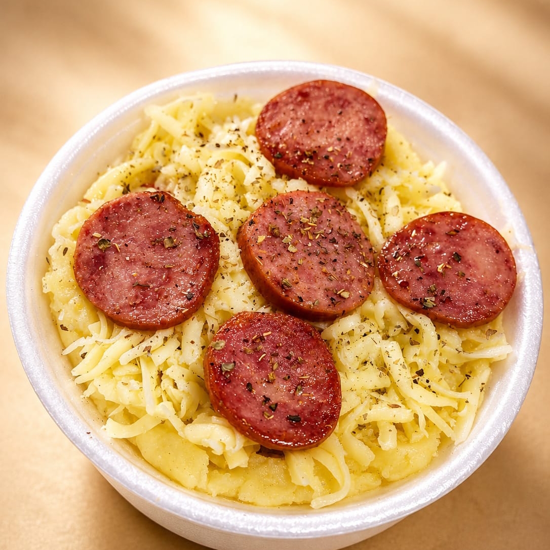 Calabresa fatiada refogada na cebola e coberta com muito queijo.