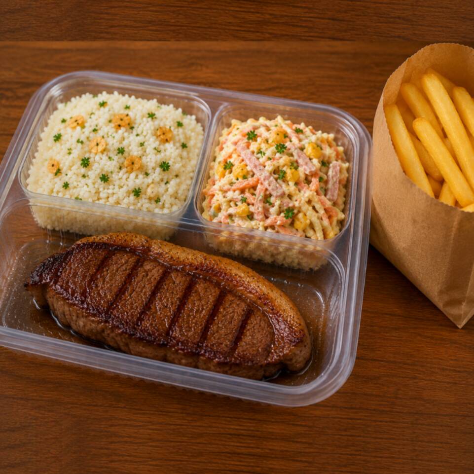 Delicioso corte de picanha grelhado (+/-120g), servido com arroz, batata frita e salpicão.