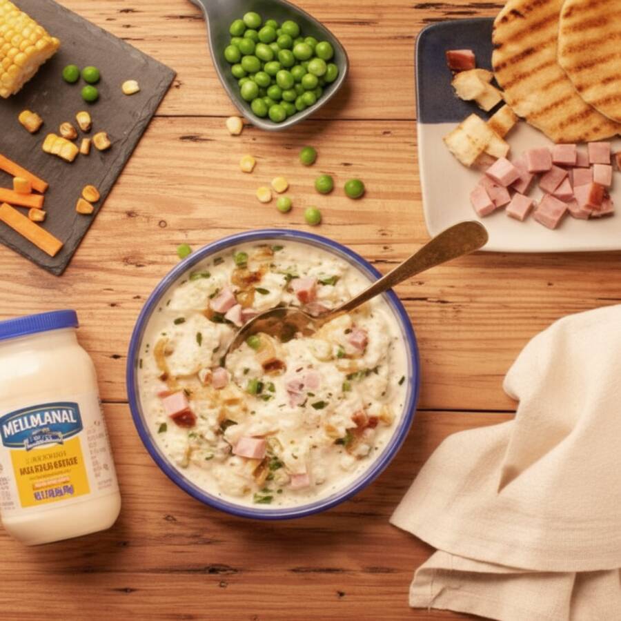 Maionese hellmans, ervilha verde, cenoura e batata brunoise, cebola e salsinha picadas.