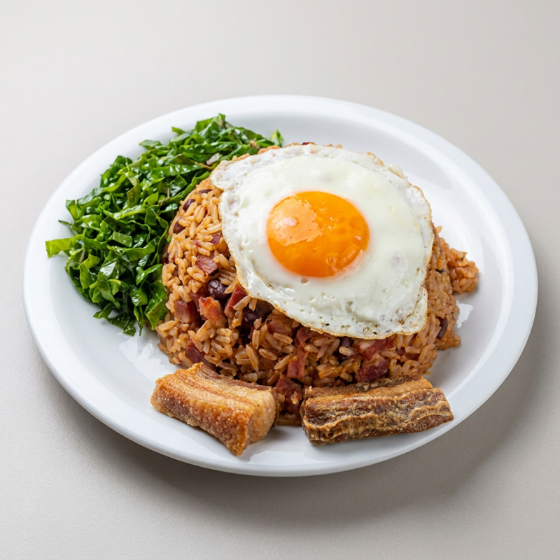 Arroz, feijão, carne desfiada ao molho, linguiça, couve, ovo e torresmo