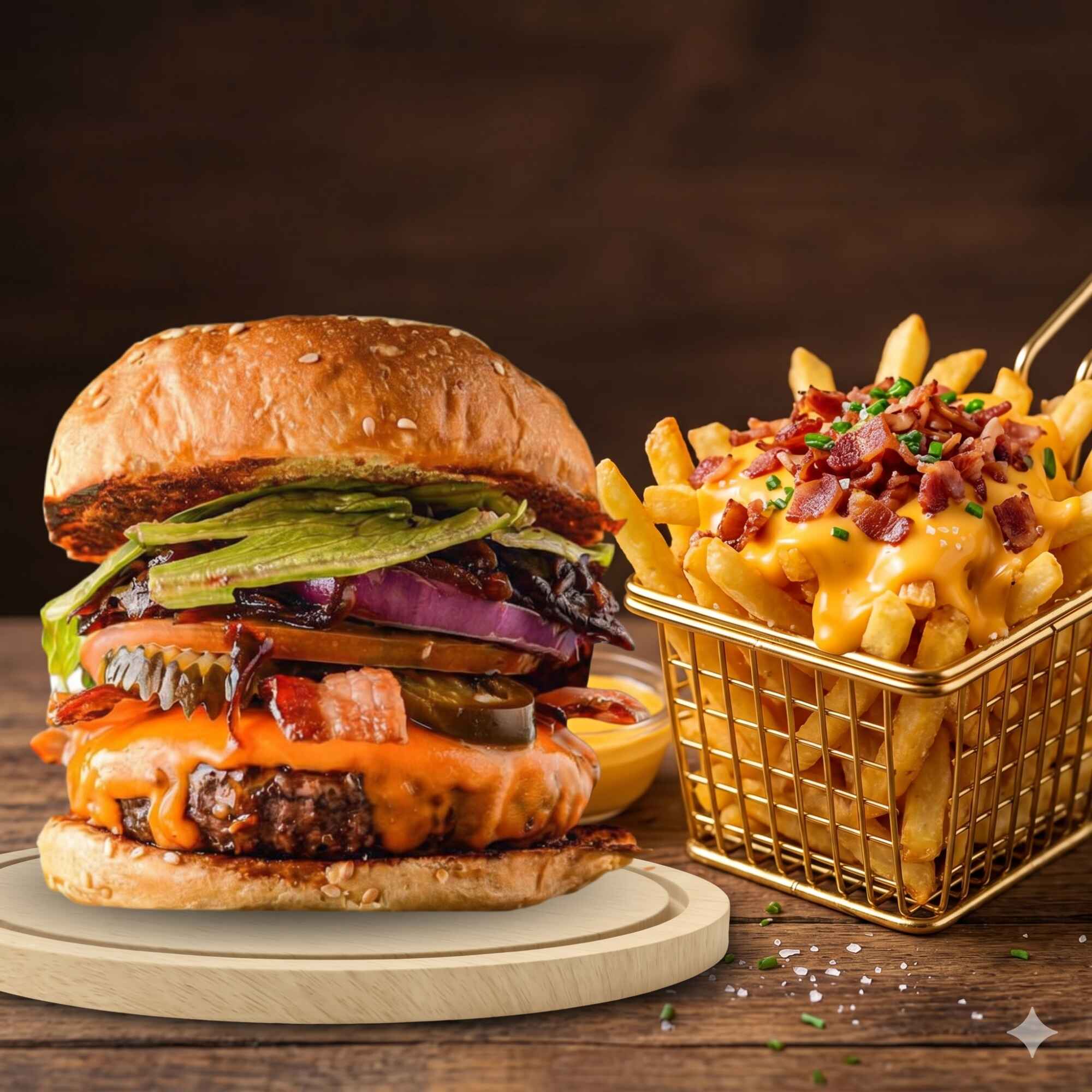 1 Burguer Artesanal + 400G Fritas Com Cheddar, Catupiry, Bacon e Calabresa + Refrigerante Lata
1 Carne Bovina 55g, Cheddar cremoso, Bacon em cubos, Mussarela ,cebola roxa e salada rica.