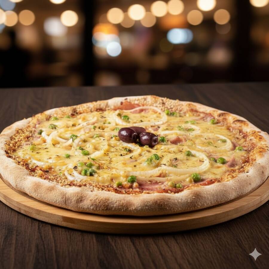 Presunto fatiado, ovos, ervilha, cebola e mozarela. Pizza acompanha molho de tomate fresco, orégano, azeitonas e gergelim na borda. ***Padrão de massa fina***