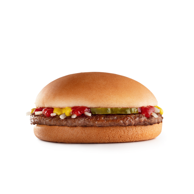Um Hamburguer (100% carne bovina), cebola, picles, ketchup, mostarda e pão sem gergelim