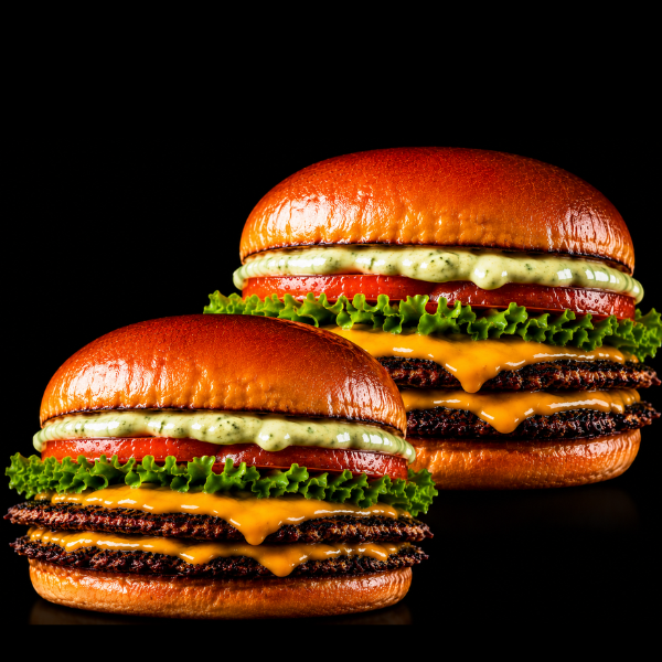 Dois Smash Burgers com Queijo Cheddar, Maionese Verde, Alface e Tomate. Fino, Suculento e Viciante em Cada Mordida!