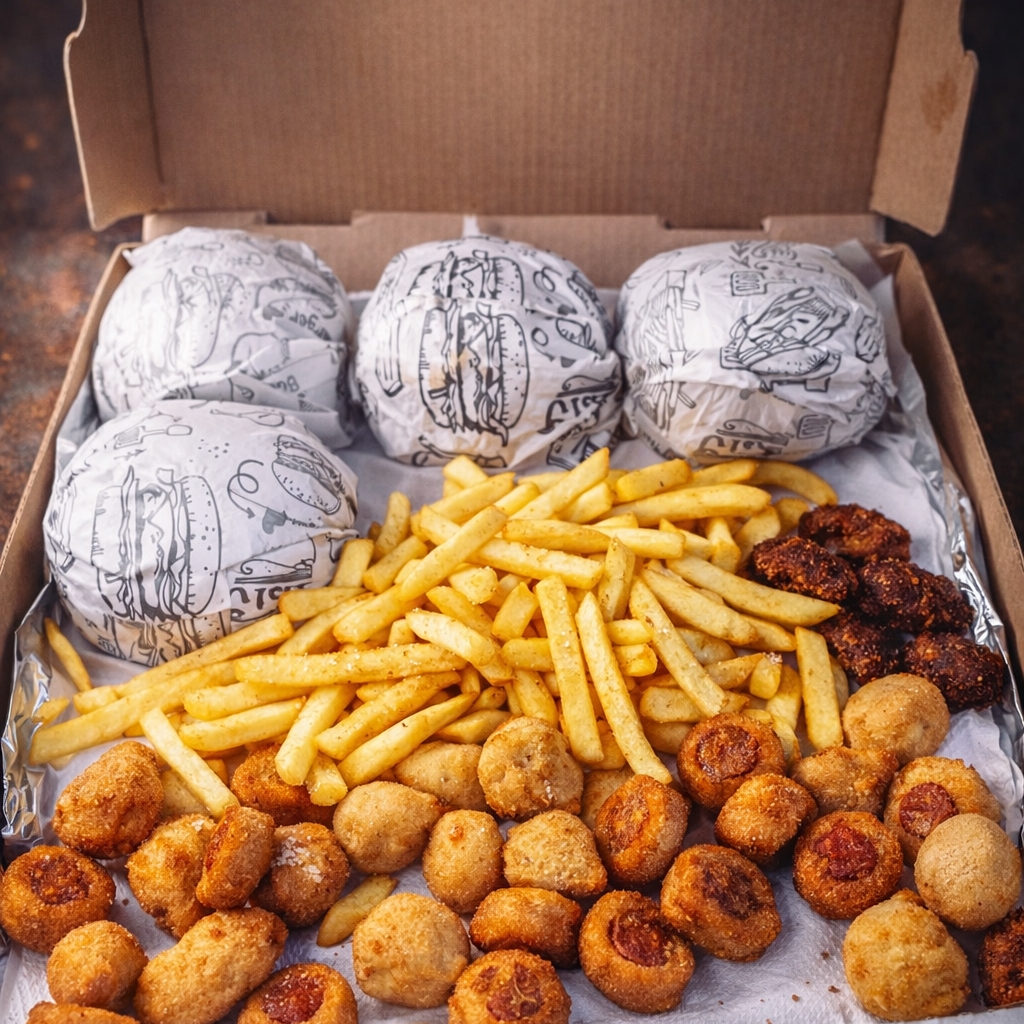 4 X-Tudos (4 sanduíches com tudo, incluindo carne, queijo, presunto, bacon, etc.) Porção de batata frita e 40 salgadinhos (sortidos) e 1 kuat 2ll