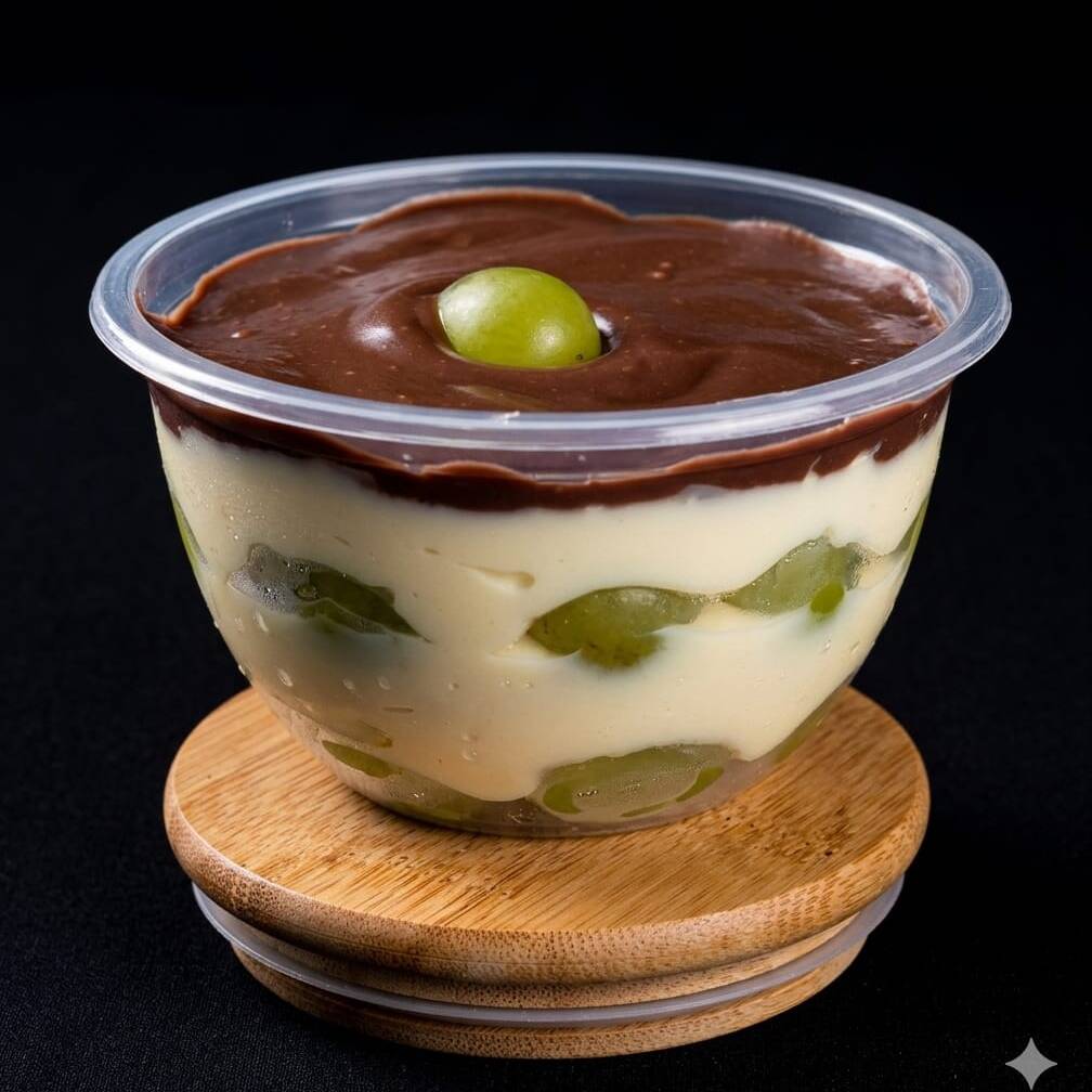 Delicioso bombom de uva no pote feito com brigadeiro de chocolate branco gourmet, recheado com uvas e coberto com uma saborosa ganache de chocolate.