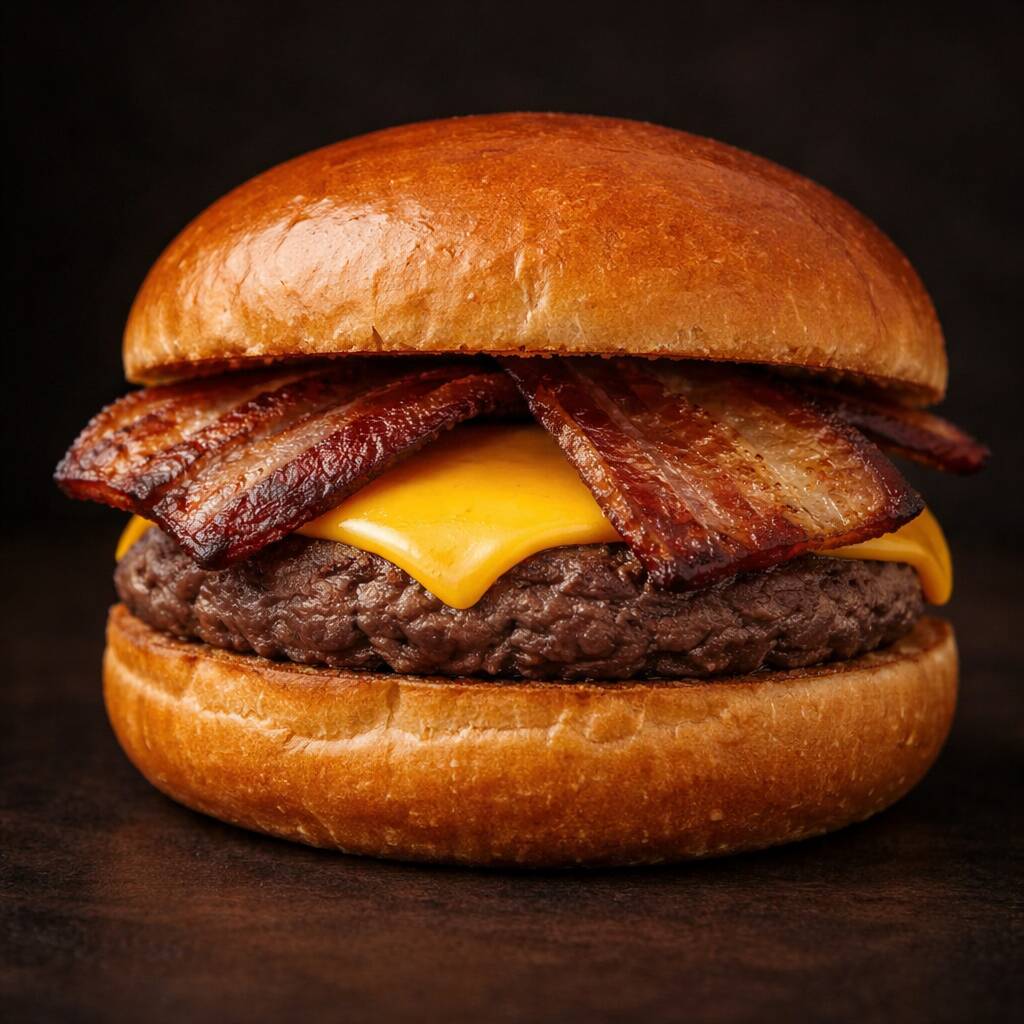 Pão Artesanal, 120g de Carne, Queijo Cheddar, 2 Fatias de Bacon Crocante, molho de bacon