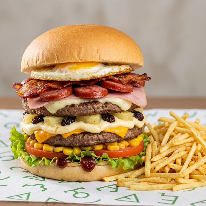 Pao ,02 Carnes, Ovo, Bacon, Linguiça Calabresa, Presunto, Mussarela, Abacaxi, Passas, Catupíry, Cheddar, Milho Tomate, Alface, Barbecue, Batata Palha