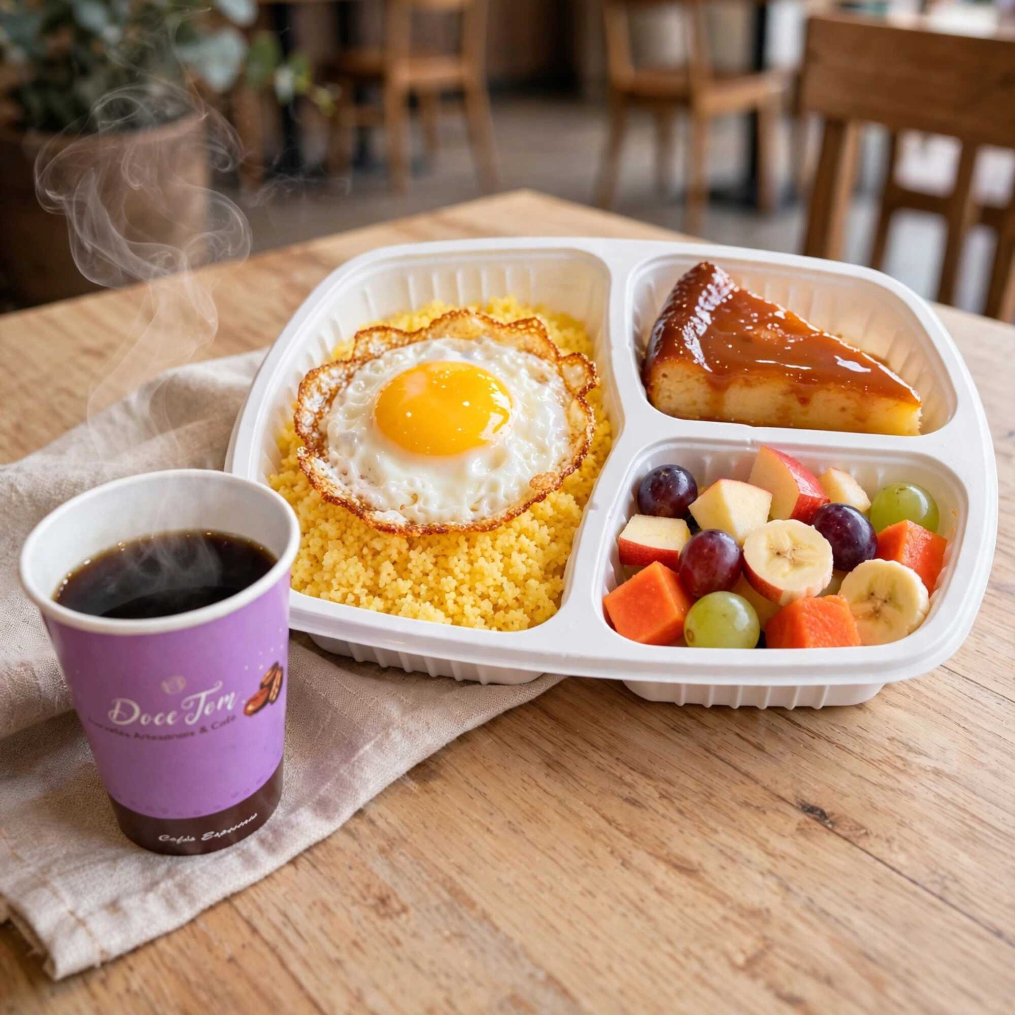 Café da Manhã Completo - Cuscuz quentinho com Ovo Frito, Mix de frutas frescas, Fatia de Bolo, Manteiga e Café ou Suco de Laranja (150ml).
Feito diariamente com ingredientes selecionados para deixar sua manhã mais leve, gostosa e especial.