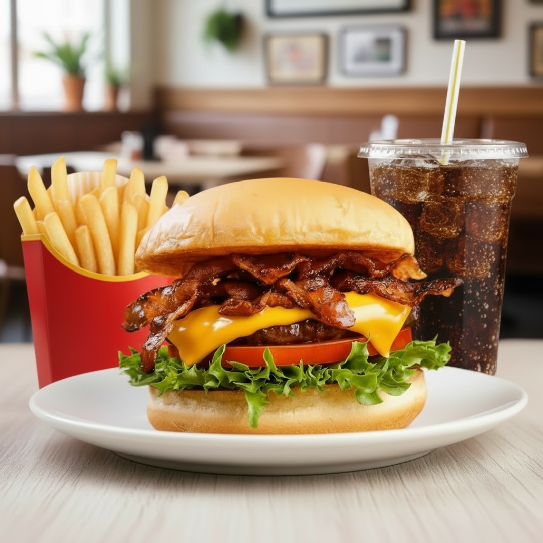 Oferta do combo X-Salada Bacon (pão. Carne 160gr, queijo, maionese defumada, Bacon, Alface e Tomate). Acompanha porção de fritas 150gr, Bebida a sua escolha.