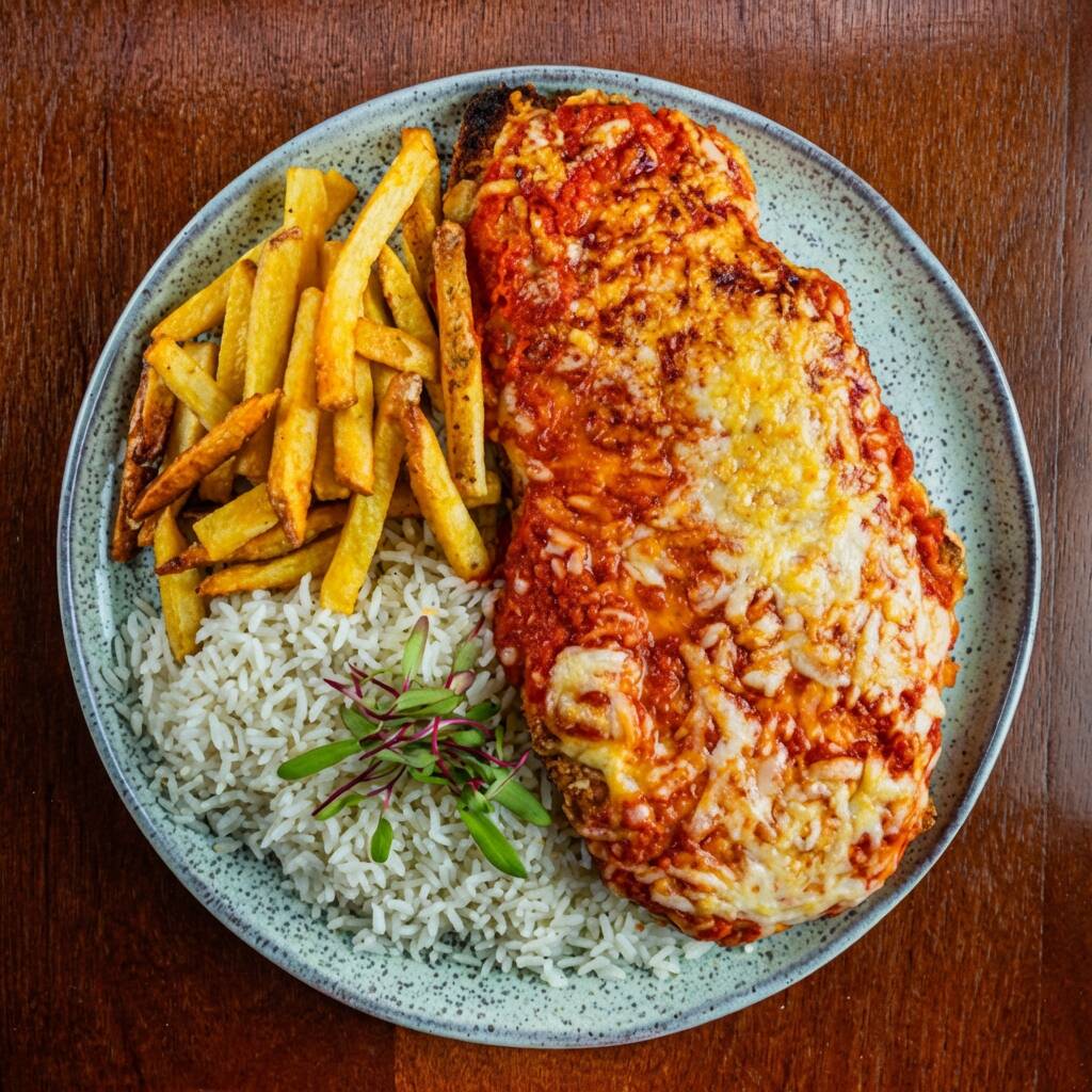 Filé mignon à parmegiana, servido com arroz branco e batatas fritas.