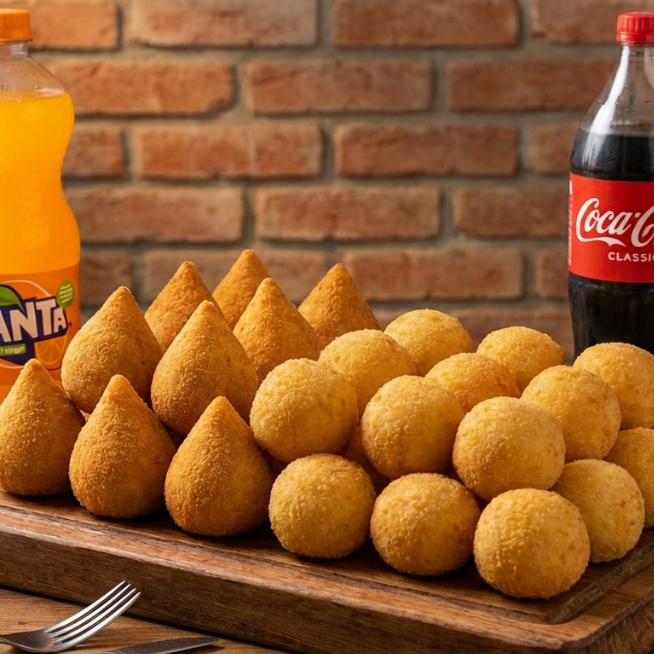 Super promoção salgados (10g cada) + refrigerante a partir de R$88,90. Nossos salgados são fritos na hora em óleo de algodão. Imagem ilustrativa.