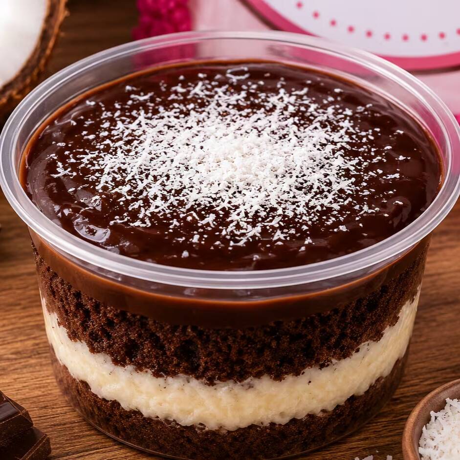 Duas camadas de bolo fofinho e bem molhadinho, recheadas com um irresistível creme de Prestígio e finalizadas com uma deliciosa ganache de chocolate. A combinação perfeita entre coco e chocolate em uma sobremesa super cremosa.
