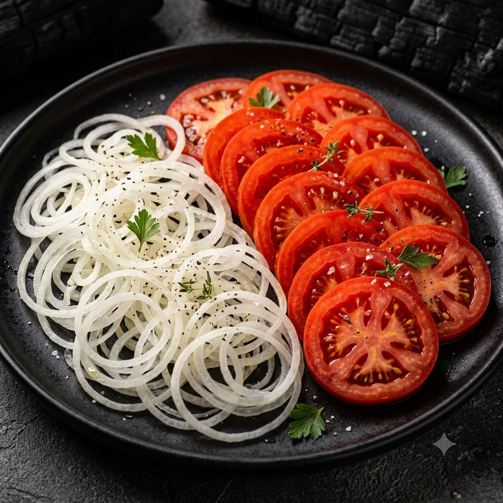 Tomate e cebola fatiadas